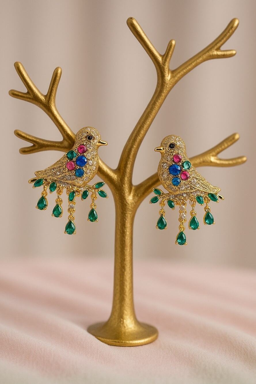 Museum Bird Earrings Gold Art Nouveau VTG CZ Court Branch Leaf Petal Deco Retro